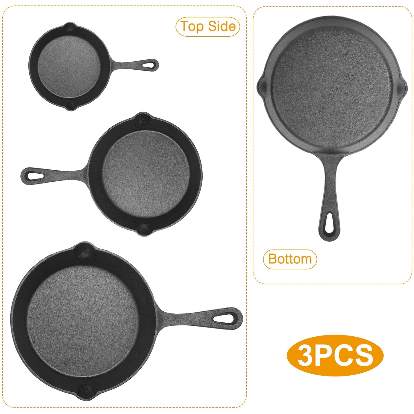 Three Piece Cast Iron Skillet Set 6in, 8in, 10in, Non-Stick Oven Safe