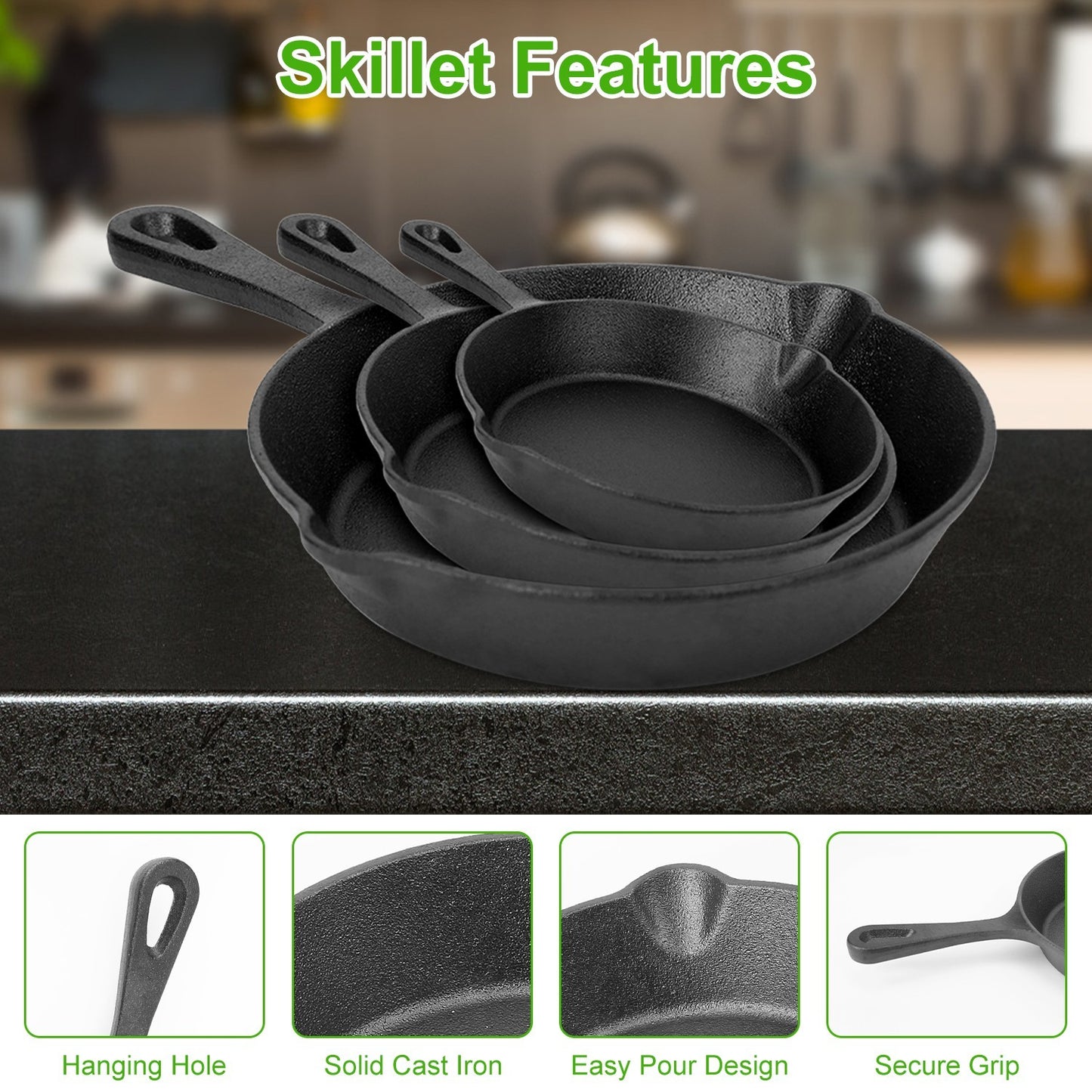Three Piece Cast Iron Skillet Set 6in, 8in, 10in, Non-Stick Oven Safe