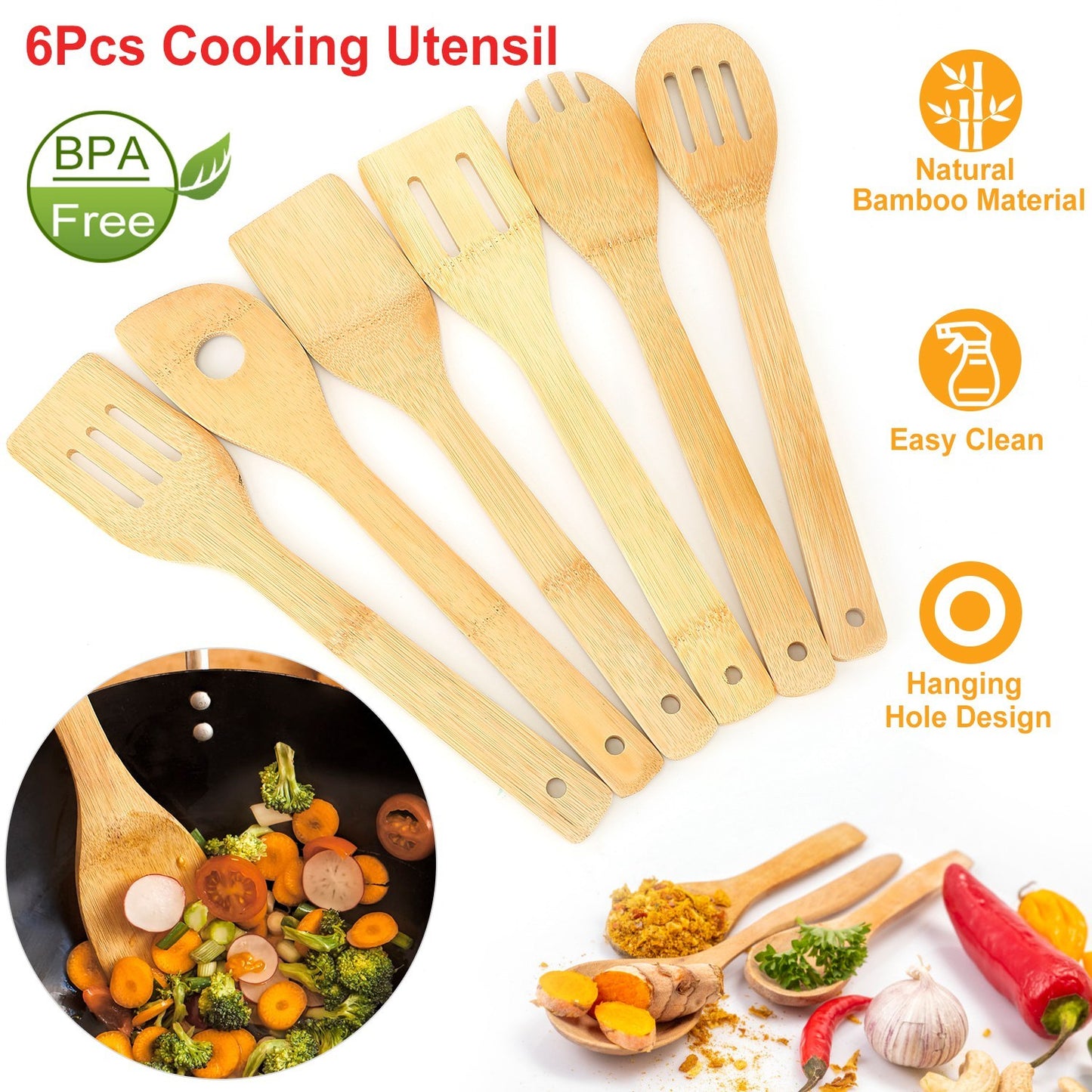 Six Piece Bamboo Wooden Spoons And Spatula